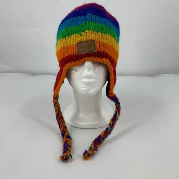 Kyber Unisex 100% Wool Made in Nepal Rainbow Knit Hat Cap Ear Flaps Beanie - Picture 2 of 9